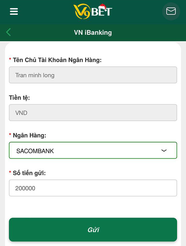 Gửi tiền vào V9bet